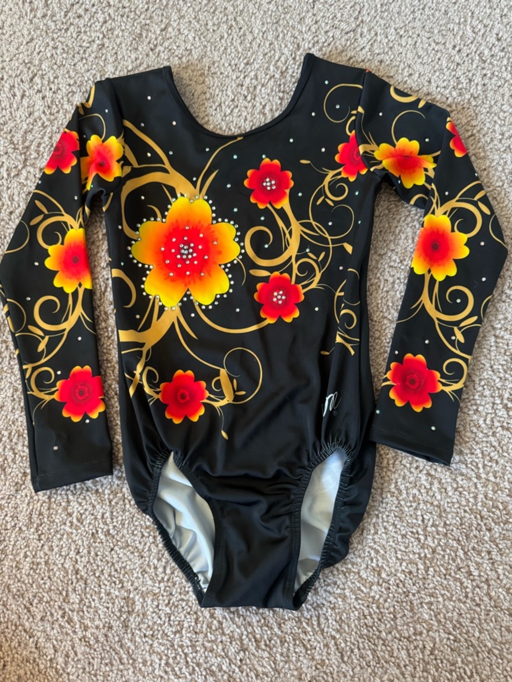 Girl Long Sleeve Floral Gymnastics Leotard in Black with Yellow-Red Flowers